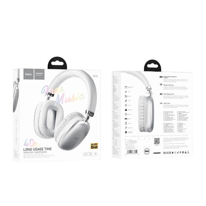 Наушники накладные Hoco W35 BT5.3, AUX / BT / TF, 40 ч Silver