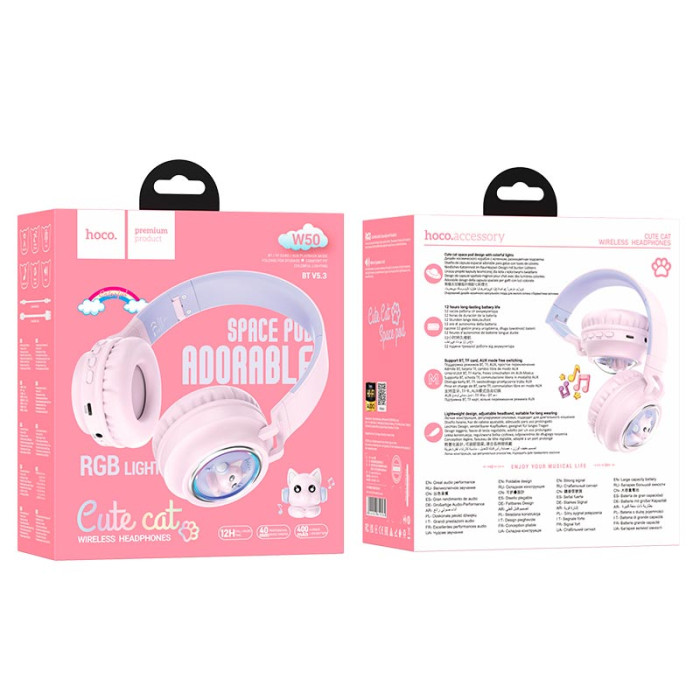 Наушники накладные Hoco W50 BT5.3, AUX / BT / TF, 12 ч Pink