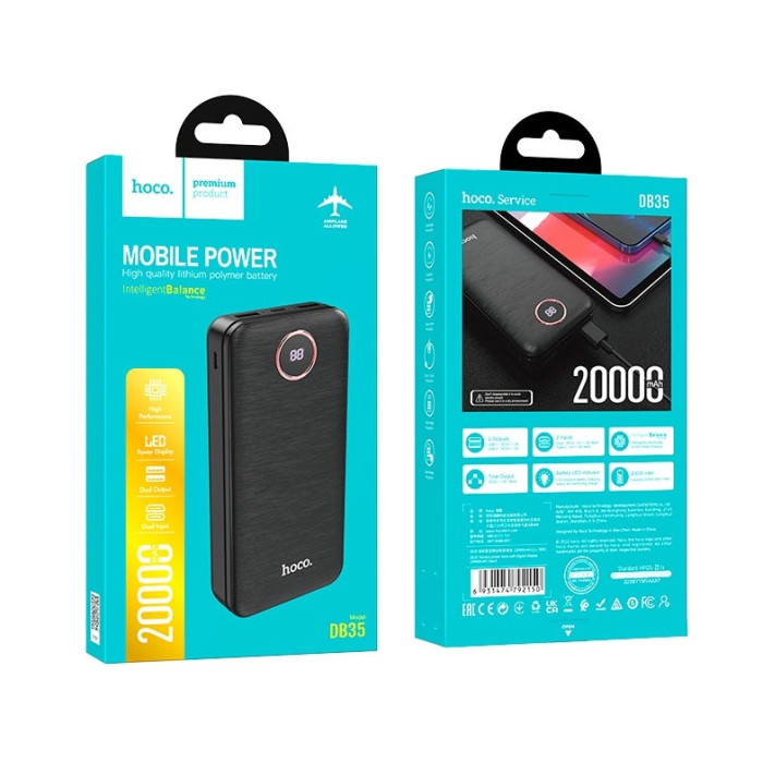 Повербанк Hoco DB35 20000mAh, Type-C / 2 х USB / 20W / 2.1A, Black