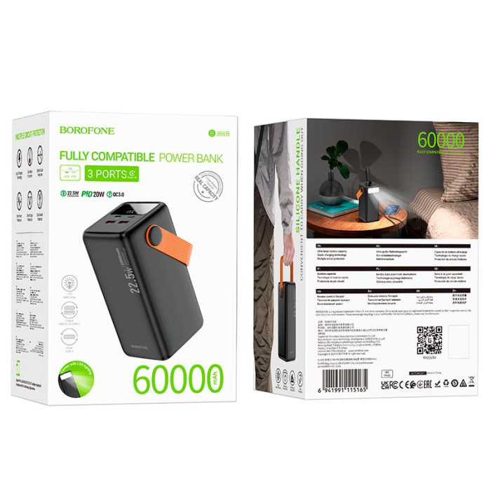 Повербанк Borofone BJ66B 60000mAh, Type-C / 2 х USB / 22.5W, Black