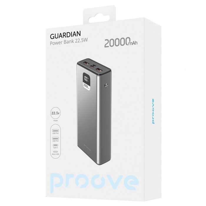 Повербанк Proove Guardian 20000mAh, Type-C / 2 х USB / 22.5W / 5A, Silver
