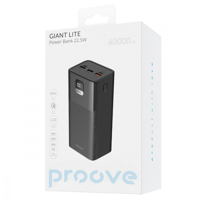 Повербанк Proove Giant Lite 40000mAh, Type-C / 3 х USB / 22.5W / 5A, Black