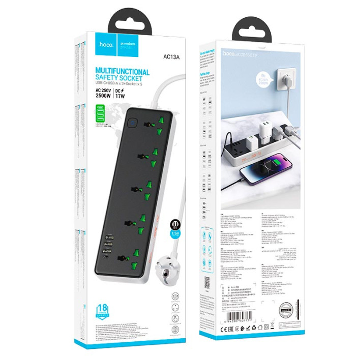 Мережевий фільтр Hoco AC13A 5x220V / 3хUSB / 1хType-C / 2500W 1.5 м, Black