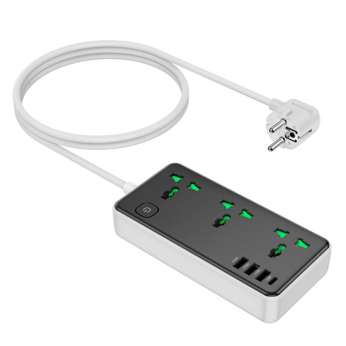 Мережевий фільтр Hoco AC7A 3x220V / 3хUSB / 1хType-C / 2500W 1.5 м, Black