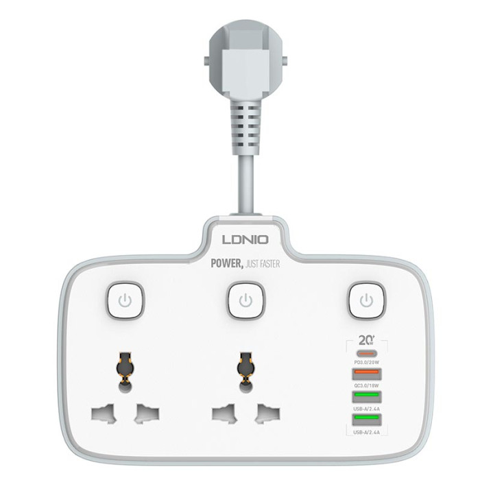 Сетевой фильтр Ldnio SC2413 2x220V / 3хUSB / 1хType-C / 2500W 0.1 м, White