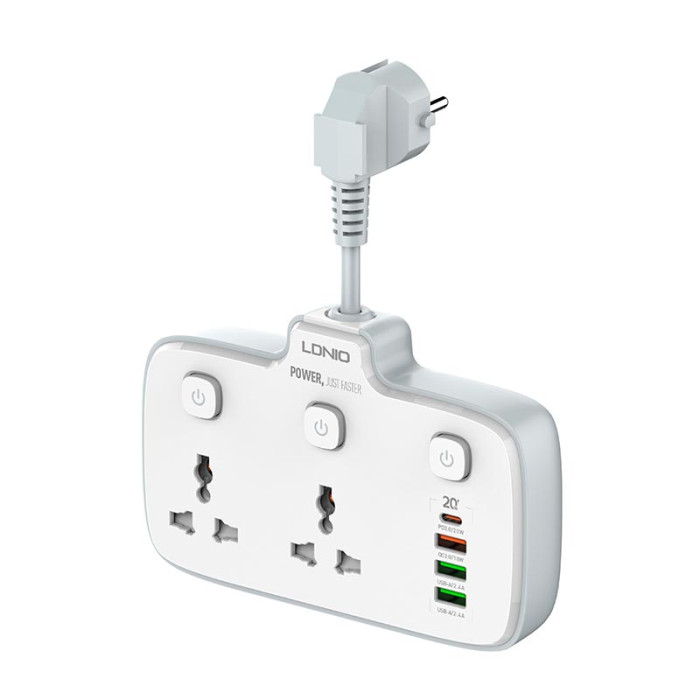 Сетевой фильтр Ldnio SC2413 2x220V / 3хUSB / 1хType-C / 2500W 0.1 м, White