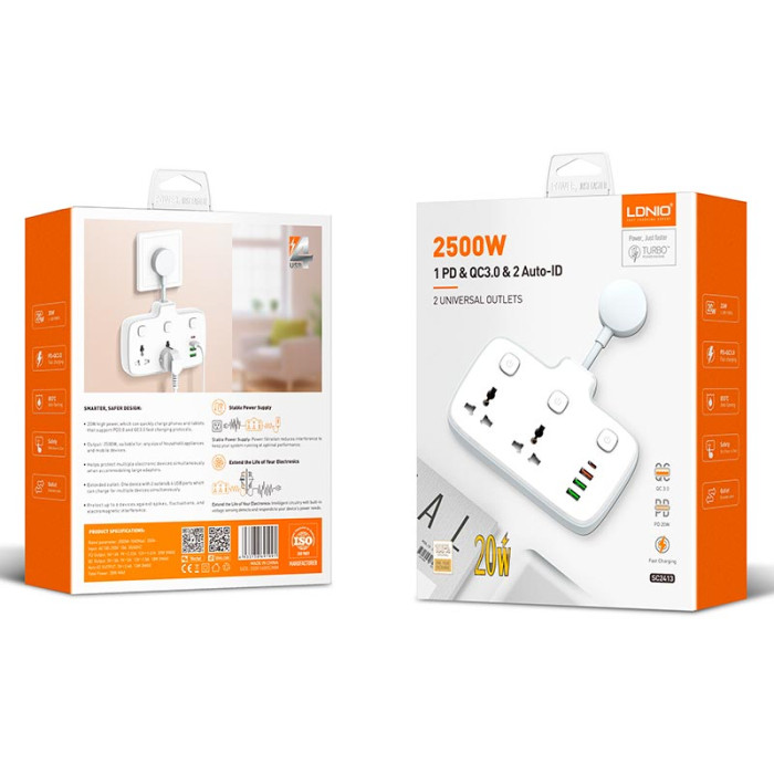 Сетевой фильтр Ldnio SC2413 2x220V / 3хUSB / 1хType-C / 2500W 0.1 м, White