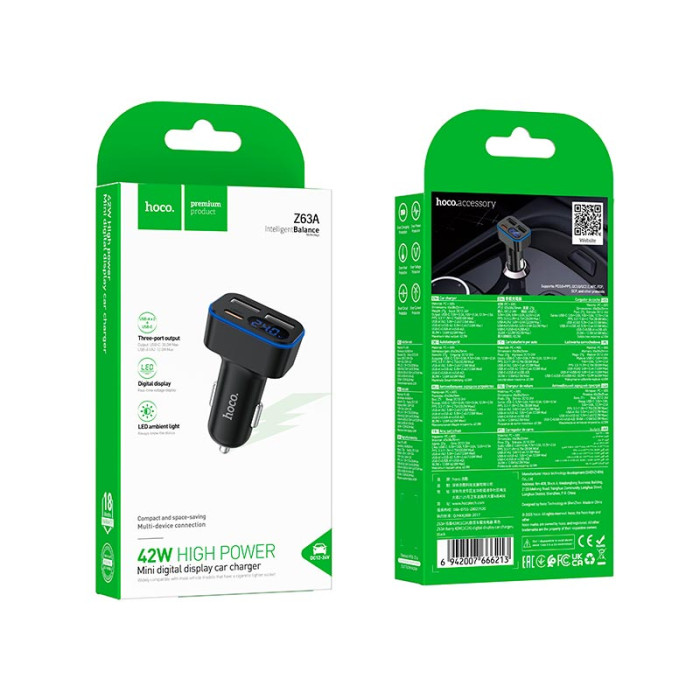 Адаптер автомобильный HOCO Z63A Type-C / 2 х USB / 42W Black
