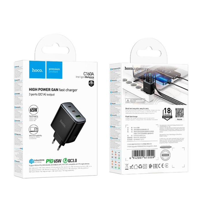Мережевий зарядний пристрій Hoco C160A 65W Black