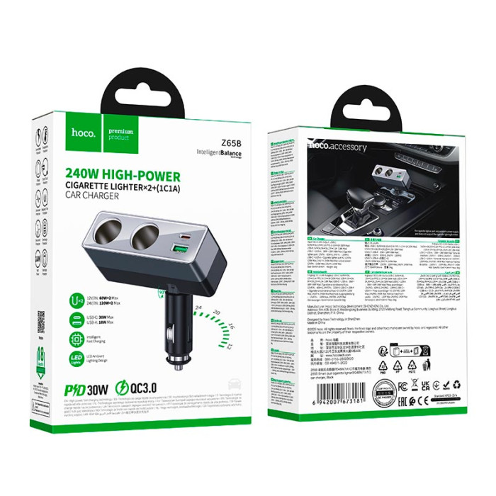 Адаптер автомобільний Hoco Z65B Type-C / USB / 240W Black