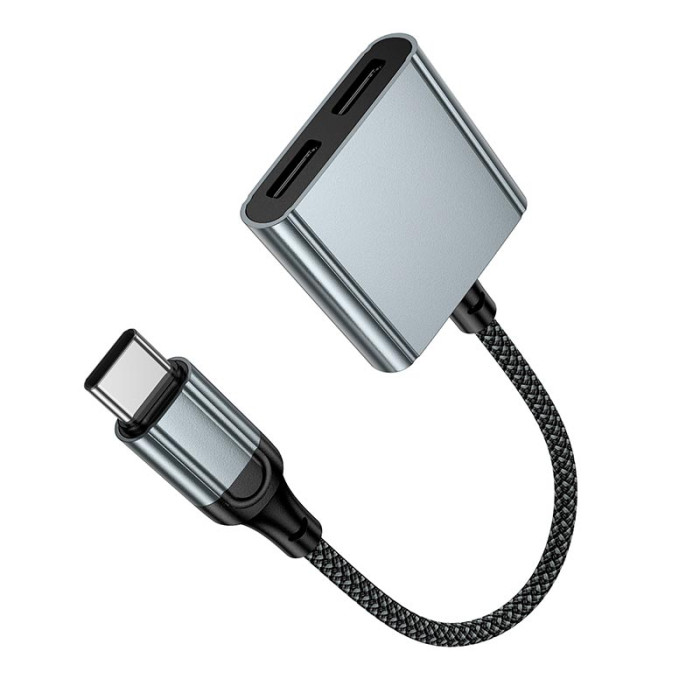 Перехідник 2 в 1 HOCO UPA34A 2 x Type-C / 10W / 2A / 0.15m, Grey
