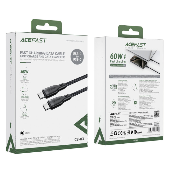 Кабель ACEFAST C8-03 Type-C to Type-C 60W / 3A 1.2 m Black