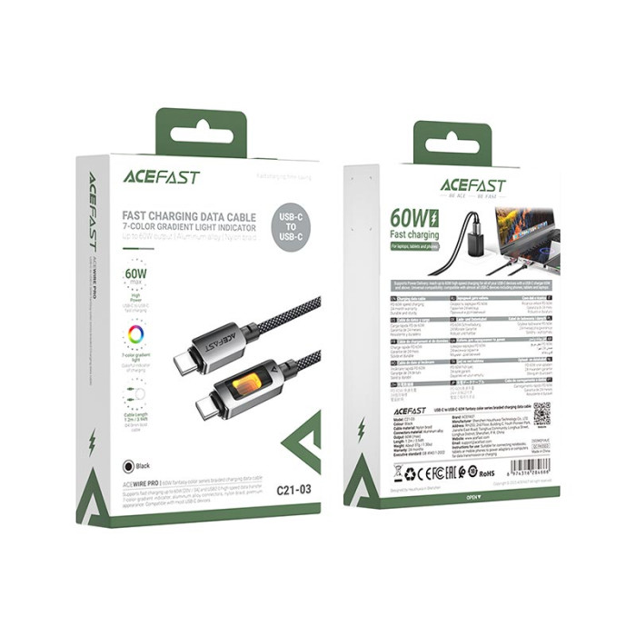 Кабель ACEFAST C21-03 Type-C to Type-C 60W / 3A 1.2 m Black