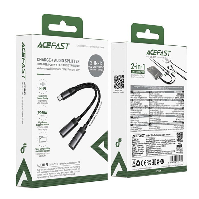 Переходник 2 в 1 ACEFAST J14 2 x Type-C / 60W / 3A / 0.17m, Black