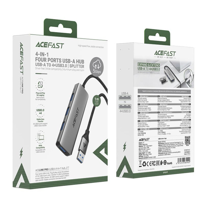 Переходник 4 в 1 ACEFAST J17 4 х USB 5Gbps 1m Grey