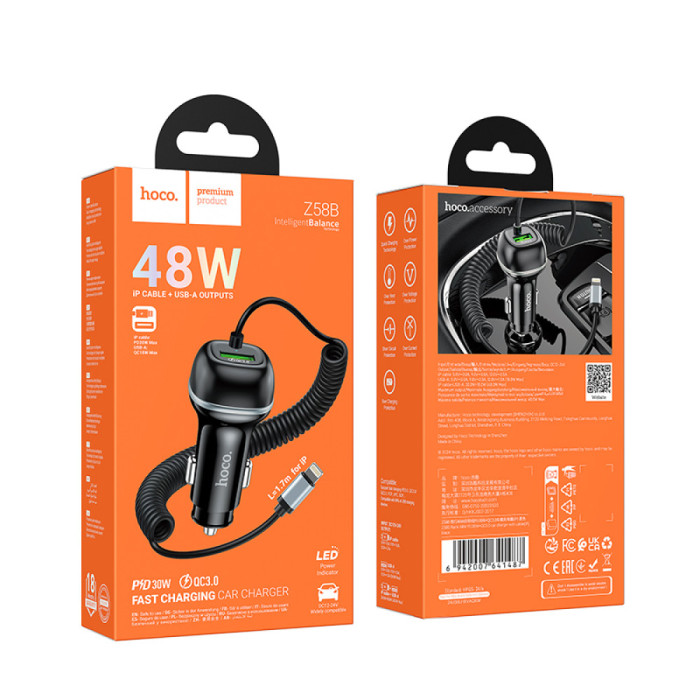 Адаптер автомобільний та кабель HOCO Z58B Lightning / USB / 48W Black