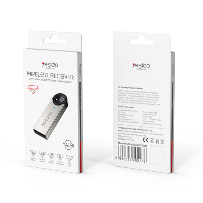 Аудіоадаптер YESIDO YAU81 USB / BT5.0 Silver