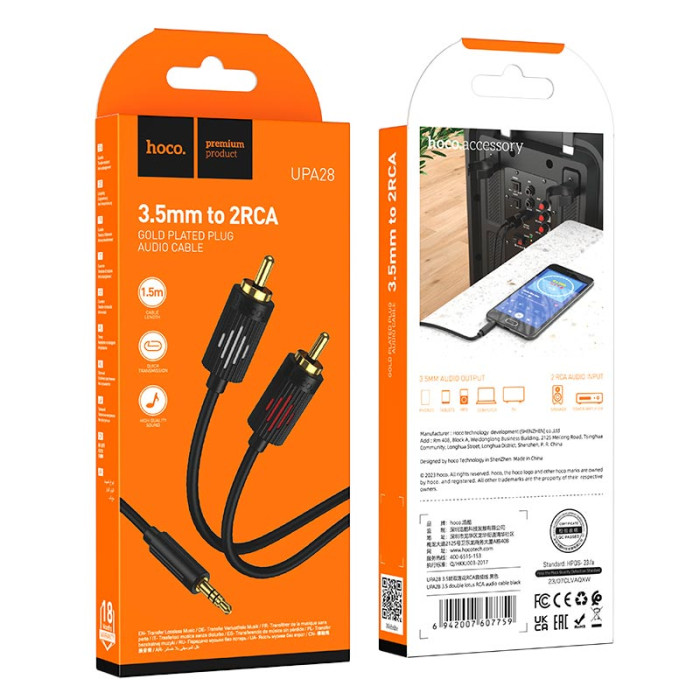 Кабель HOCO UPA28 Aux / 2 x RCA 1.5m Black