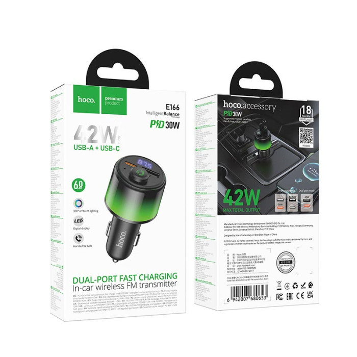 FM модулятор HOCO E166 BT6.0 USB / Type-C / PD / QC / 42W / 2.4A, Black