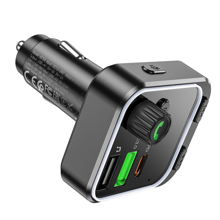 FM модулятор BOROFONE BC53 2USB / 1Type-C / PD / QC / 20W / 3.0 A, BT5.0 Black