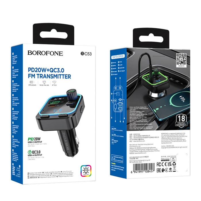FM модулятор BOROFONE BC53 2USB / 1Type-C / PD / QC / 20W / 3.0 A, BT5.0 Black