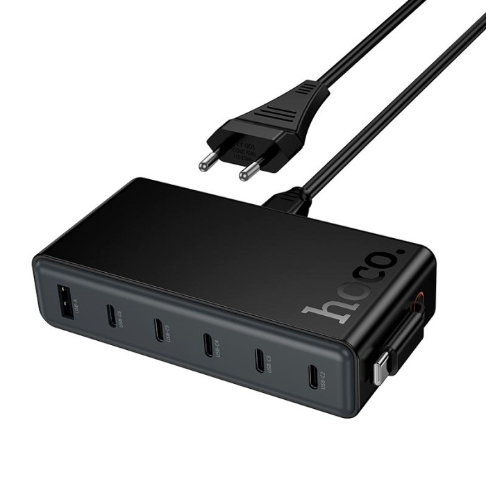 Зарядний пристрій 7 в 1 HOCO C151A 1 х USB / 5 х Type-C / Кабель Type-C, PD/QC, 50W/3A, Black