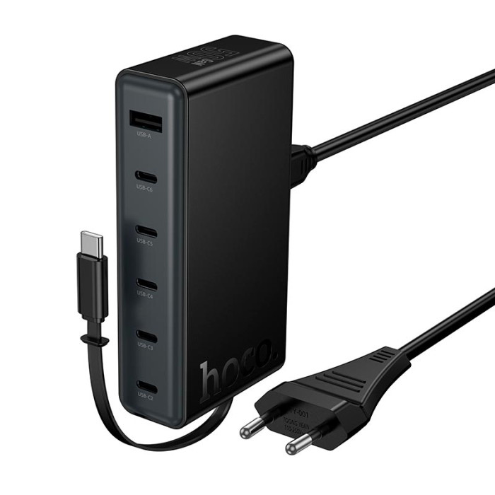 Зарядний пристрій 7 в 1 HOCO C151A 1 х USB / 5 х Type-C / Кабель Type-C, PD/QC, 50W/3A, Black