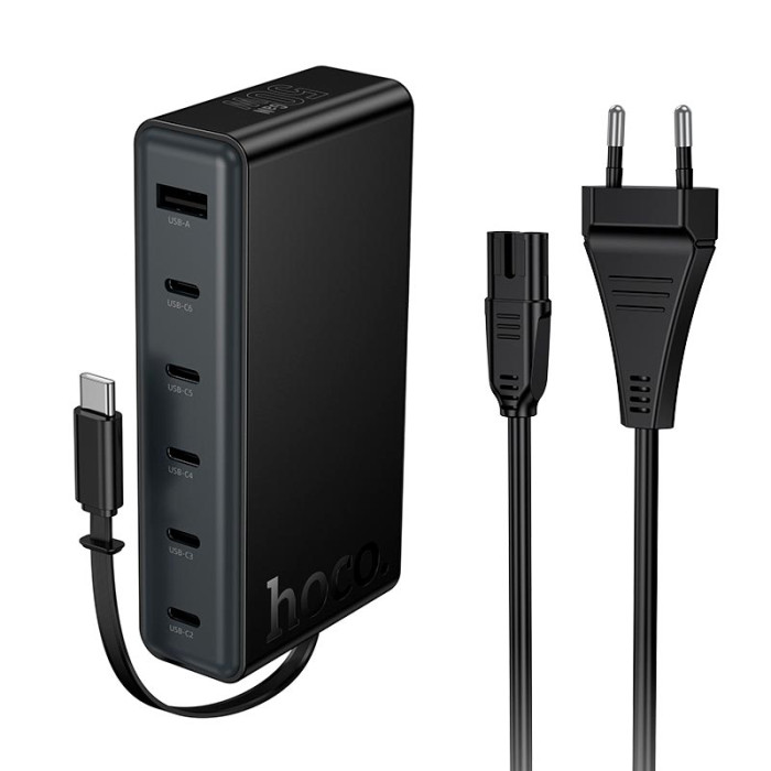 Зарядний пристрій 7 в 1 HOCO C151A 1 х USB / 5 х Type-C / Кабель Type-C, PD/QC, 50W/3A, Black