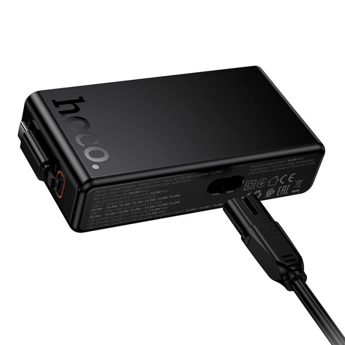 Зарядний пристрій 7 в 1 HOCO C151A 1 х USB / 5 х Type-C / Кабель Type-C, PD/QC, 50W/3A, Black