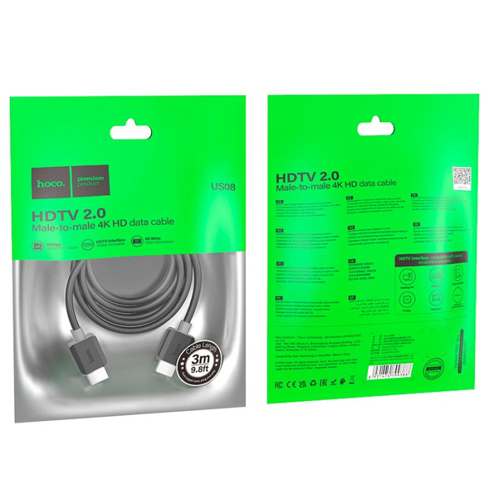 Кабель HDMI HOCO US08 4K/2K/HDMI 2.0, 3m Black