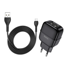 Кабель та блочок Hoco C77A USB to Type-C 1m Black