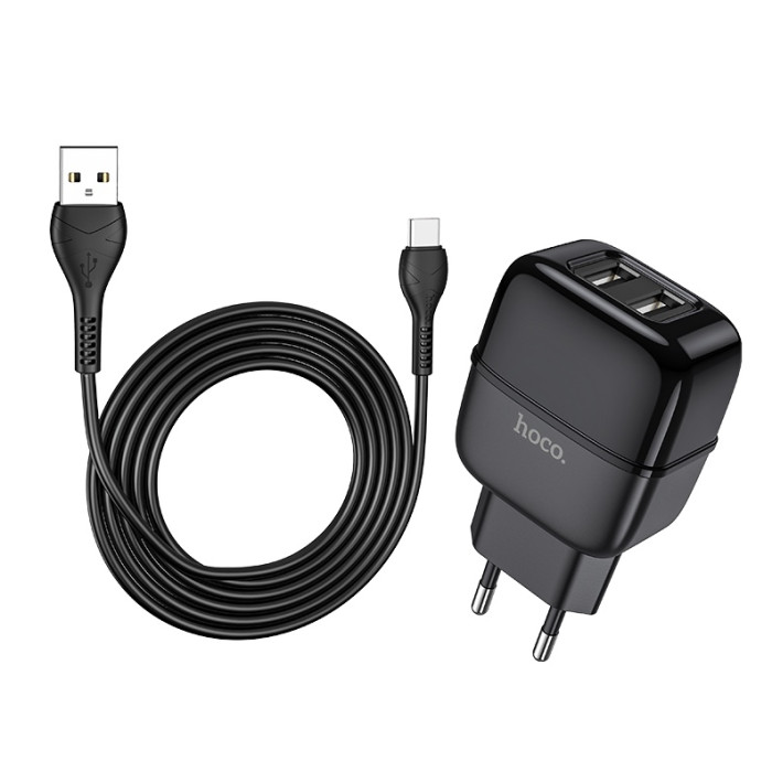 Кабель и блочок Hoco C77A USB to Type-C 1m Black