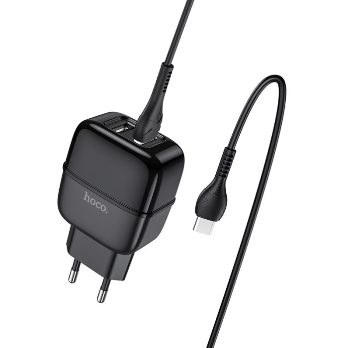 Кабель и блочок Hoco C77A USB to Type-C 1m Black