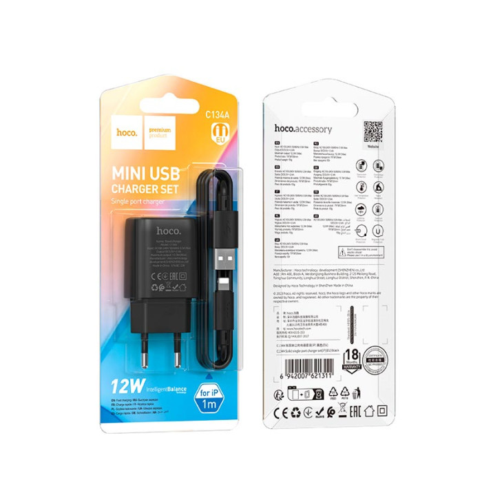 Кабель та блочок Hoco C134A USB to Lightning 12W 1m Black