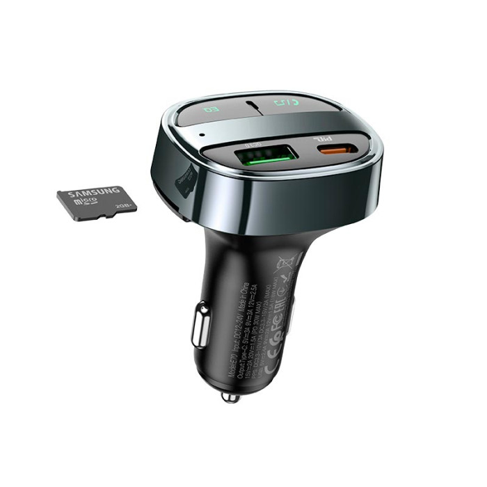 FM модулятор Hoco E70 BT5.0 2USB / Type-C / TF / PD / QC / 30W / 3A, Black
