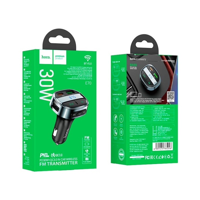 FM модулятор Hoco E70 BT5.0 2USB / Type-C / TF / PD / QC / 30W / 3A, Black