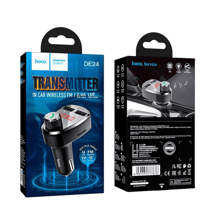 FM модулятор Hoco DE24 Black BT5.0 2USB / TF / 2.4A, Black