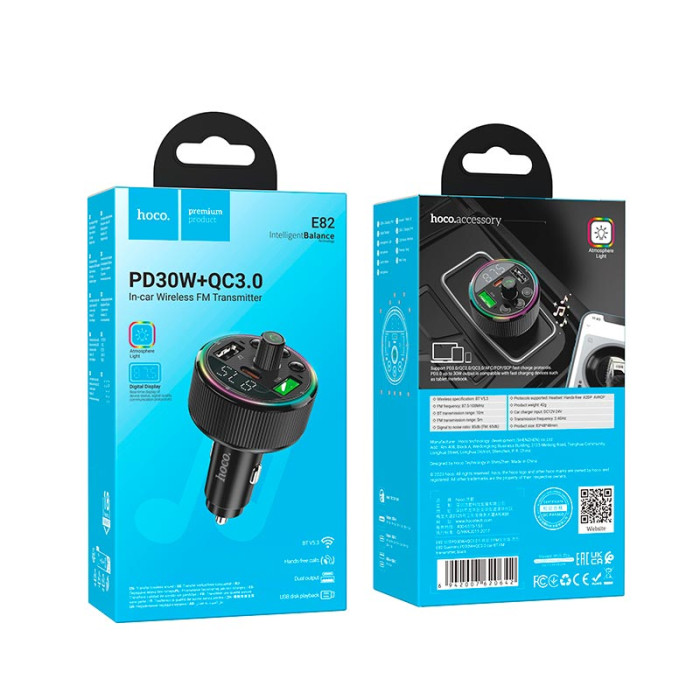 FM модулятор Hoco E82 BT5.3 2USB / Type-C / PD / QC / 30W / 3A, Black