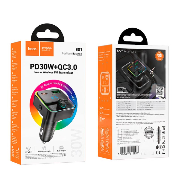 FM модулятор Hoco E81 BT5.0 USB / Type-C / PD / QC / 30W / 3A, Black