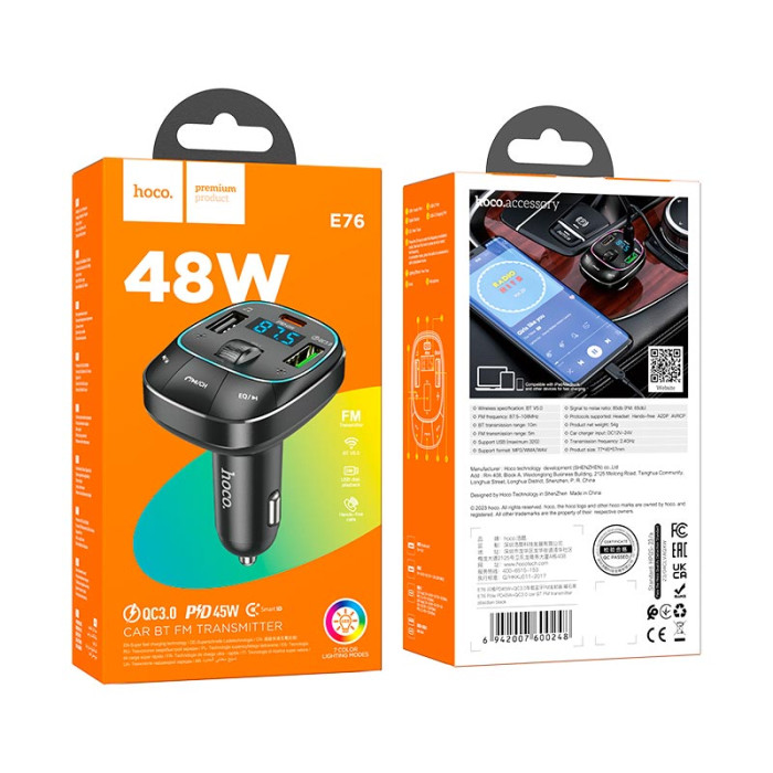 FM модулятор Hoco E76 BT5.0 2USB / Type-C / PD / QC / 48W / 3A, Black