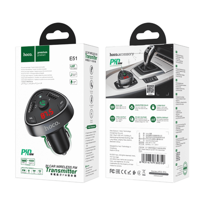 FM модулятор Hoco E51 BT5.0 2USB / Type-C / TF / PD / QC / 18W / 3A, Black