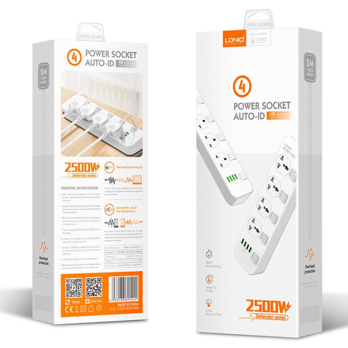 Сетевой фильтр Ldnio SC4408 4x220V / 4хUSB / 2500W 2 м, White