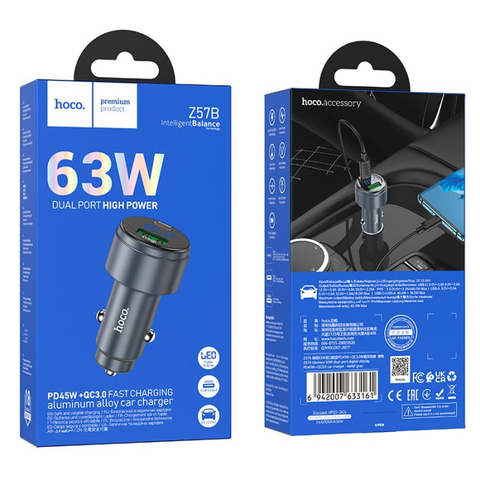 Адаптер автомобільний HOCO Z57B Type-C / USB / 63W Black