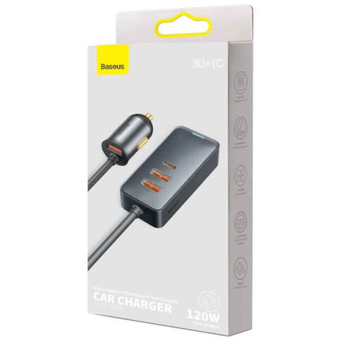 Адаптер автомобильный BASEUS Car charger Type-C / 2 x USB / 120W Grey