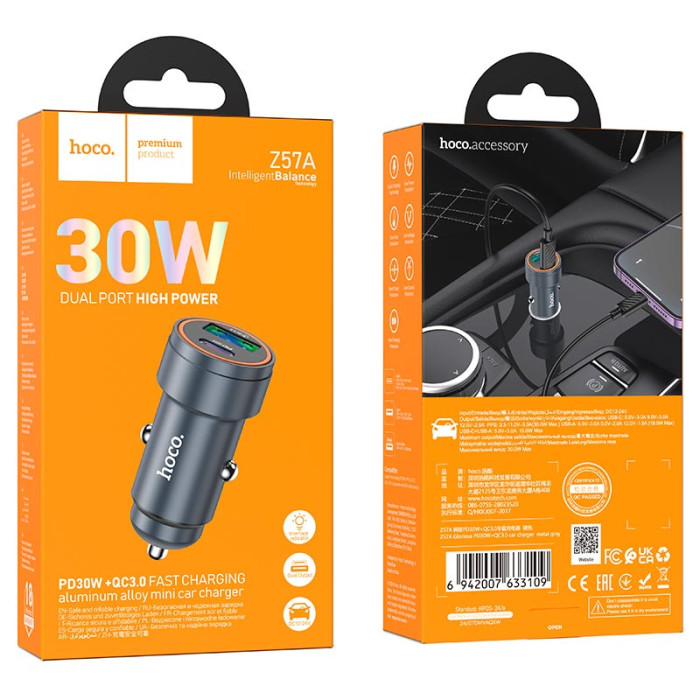 Адаптер автомобильный HOCO Z57A Type-C / USB / 30W Black