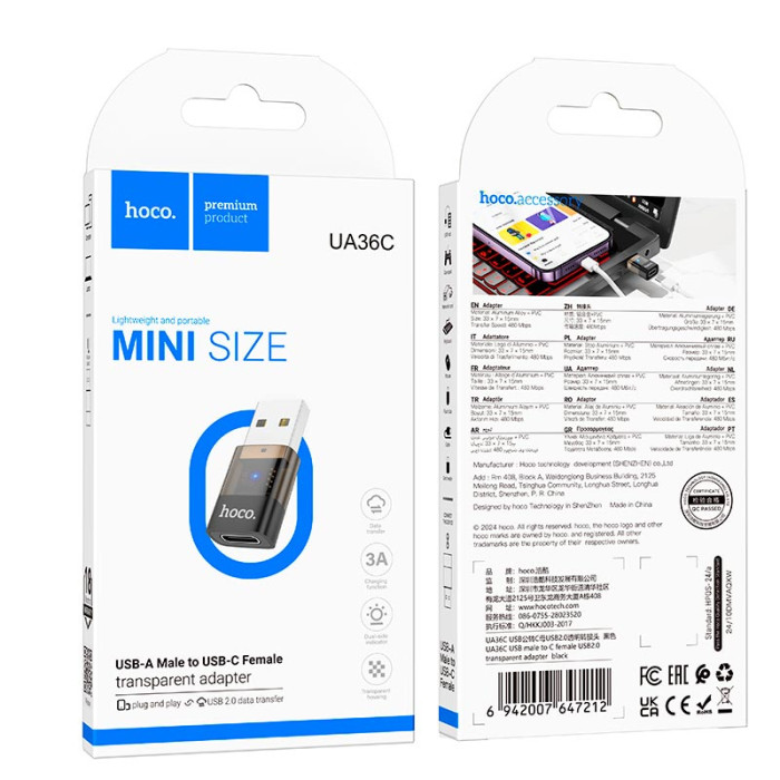 Переходник HOCO UA36C USB to Type-c Black
