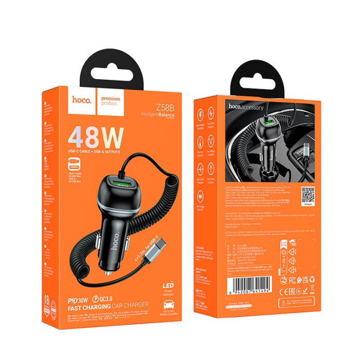 Автомобильный адаптер и кабель HOCO Z58B Type-C / USB / 48W Black