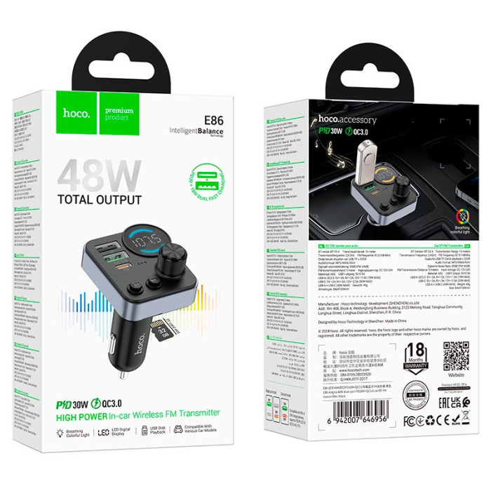 FM модулятор Hoco E86 BT5.4 2USB / Type-C / PD / QC / 48W / 3A, Black