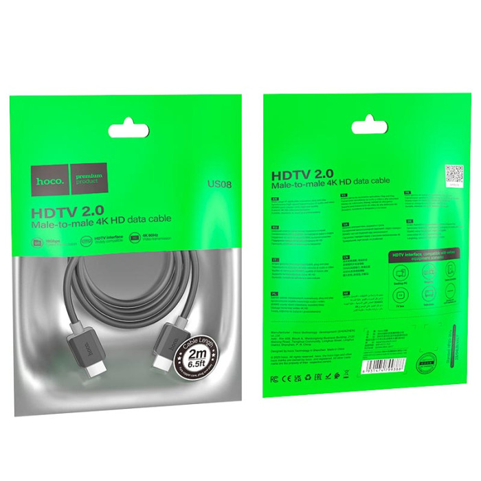 Кабель HDMI HOCO US08 4K/2K/HDMI 2.0, 2m Black