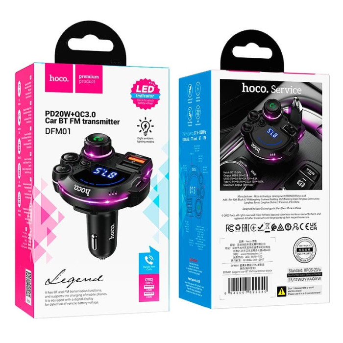 FM модулятор Hoco DFM01 BT5.4 2USB / Type-C / TF / PD / QC / 38W / 3A, Black